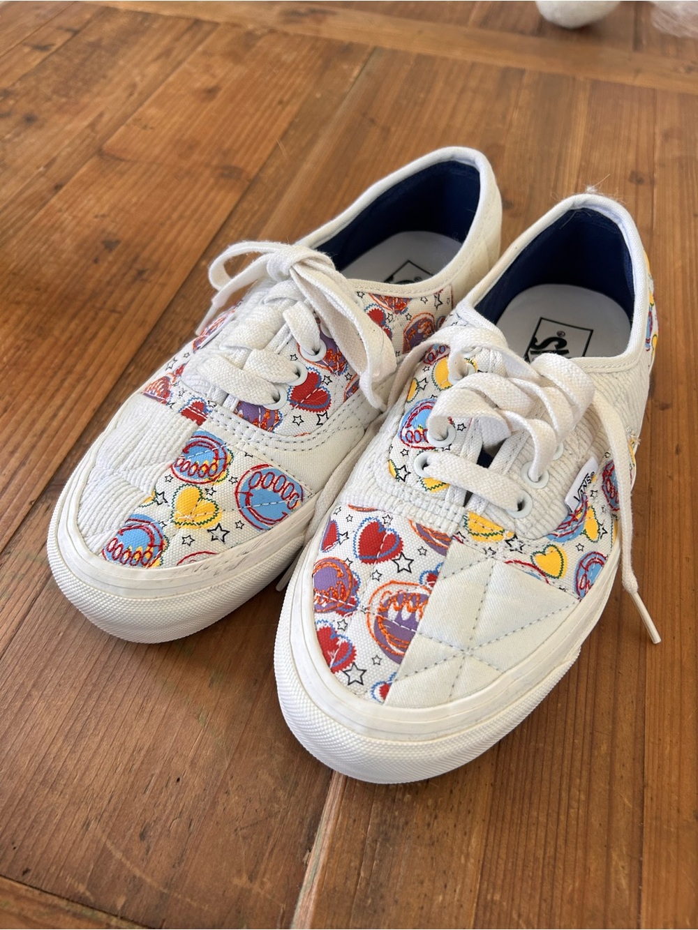VANS White Canvas Quilted Sneakers with Colorful Heart & Planet Print